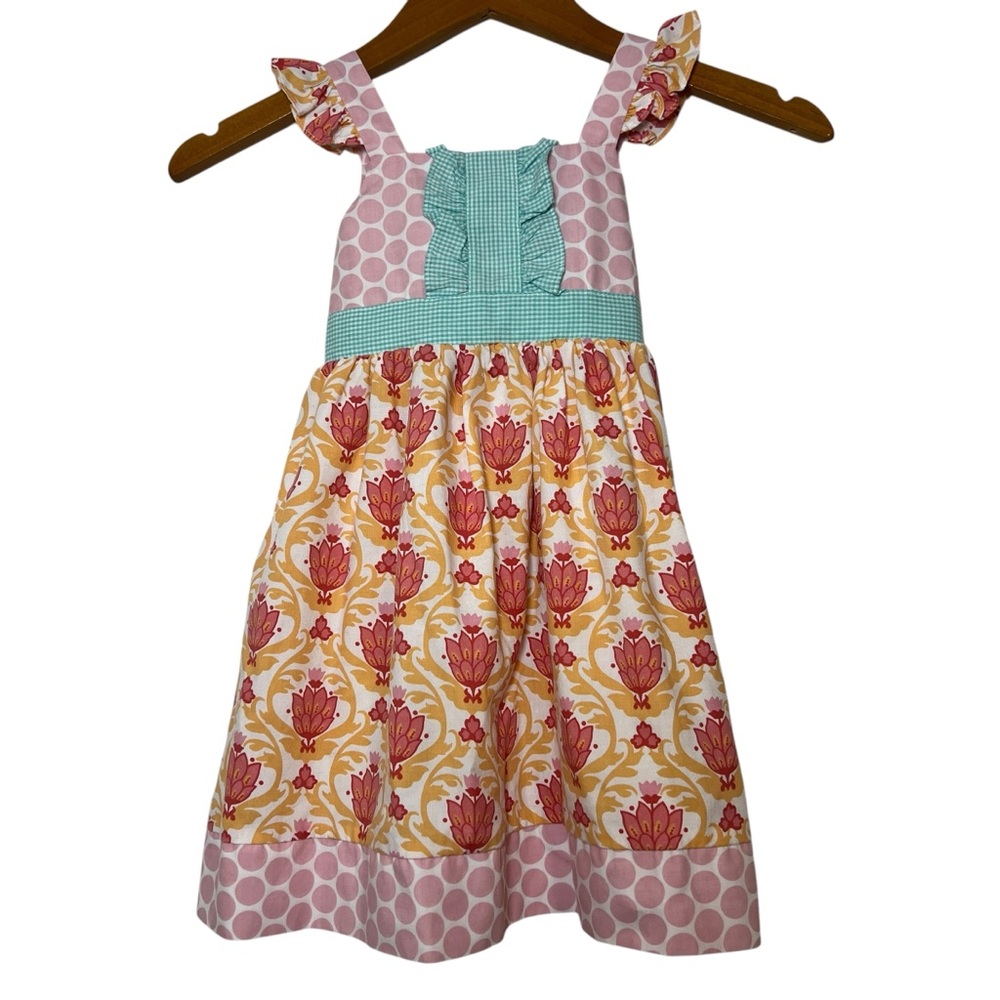 Stellybelly Floral Polka Dot Pink Yellow Sun Dress Ruffle Flutter Sleeve Tie 4T